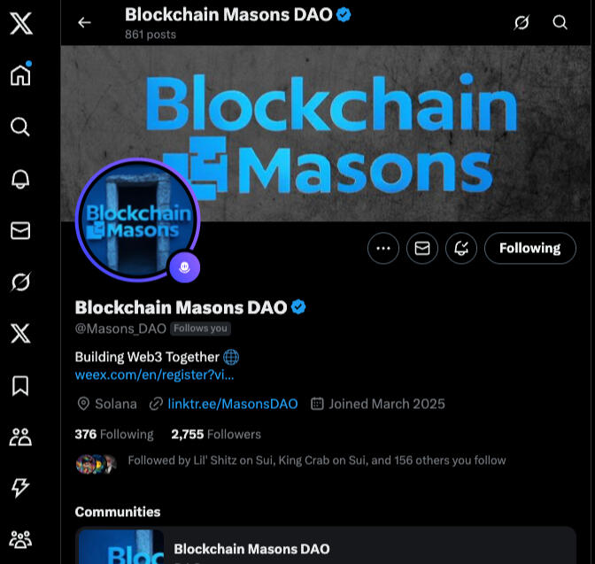X profile of the Blockchain Masons